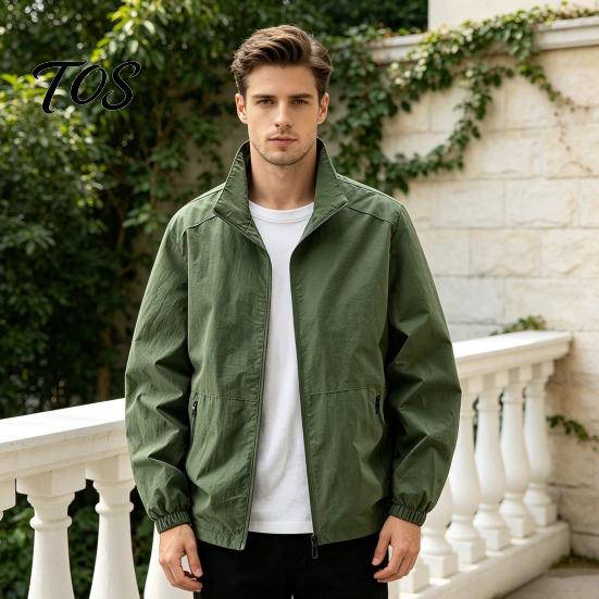 Durable Polyester Zippered Coats Men Windbreaker Jacket, Windproof Waterproof Stand Collar Coat, Casual Zip-up Spring Autumn Outerwear Jacket