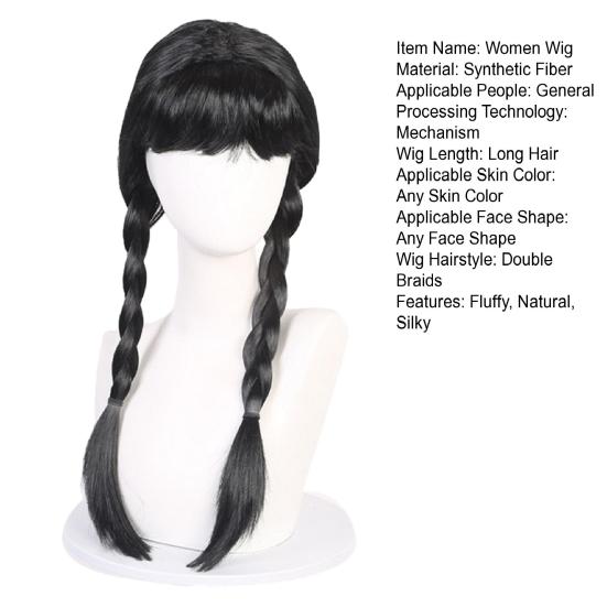 Women Black Double Braided Wig with Bangs Fluffy Natural Silky High Temperature Fiber Girls Long Dual Braids Synthetic Hair