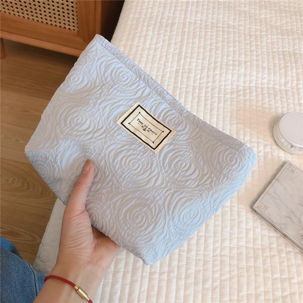 

377 Embossment Rose Design Makeup Bag Cosmetic Bag Large Capacity Cotton Cloth Travel Toiletry Bag Accessories Organizer Pouch Blue