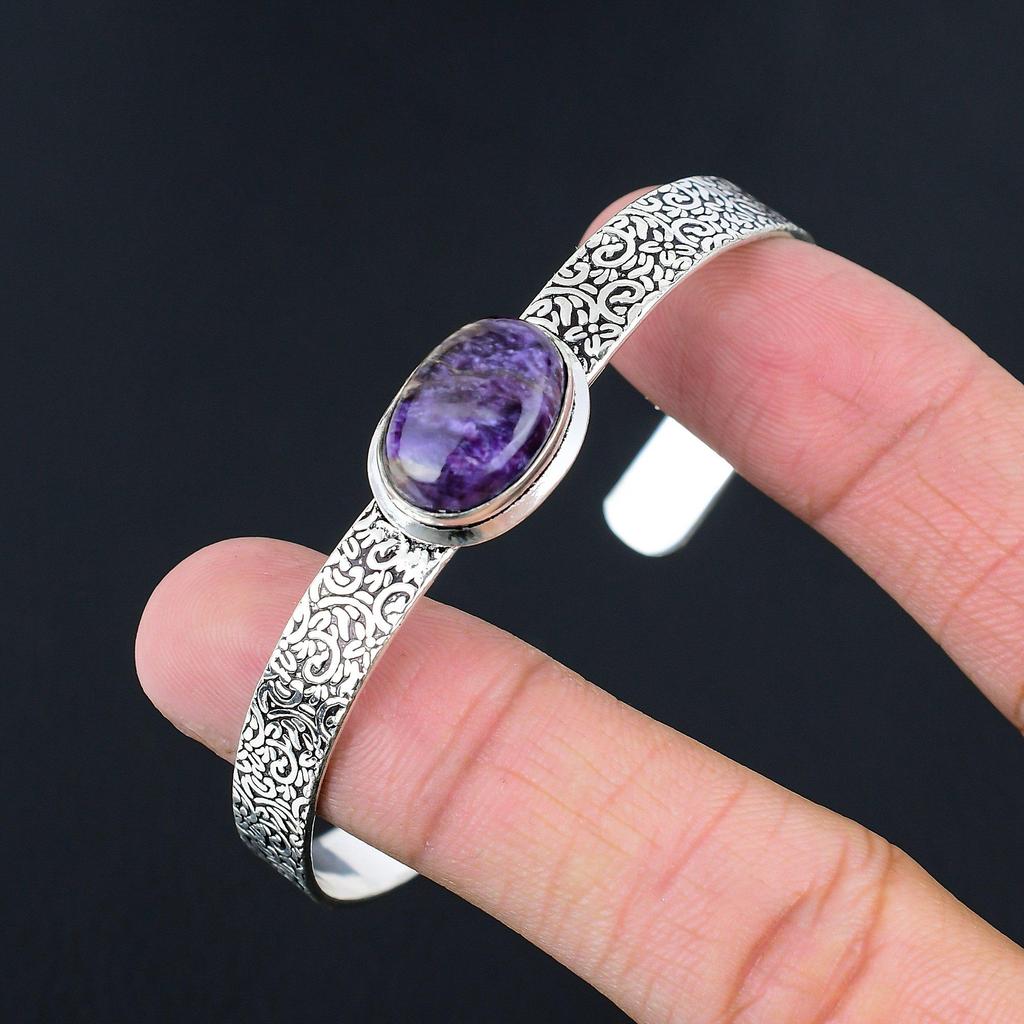 Sisters Day Sale Oval Charoite Gemstone Boho Bangle Jewelry 925 Sterling Silver