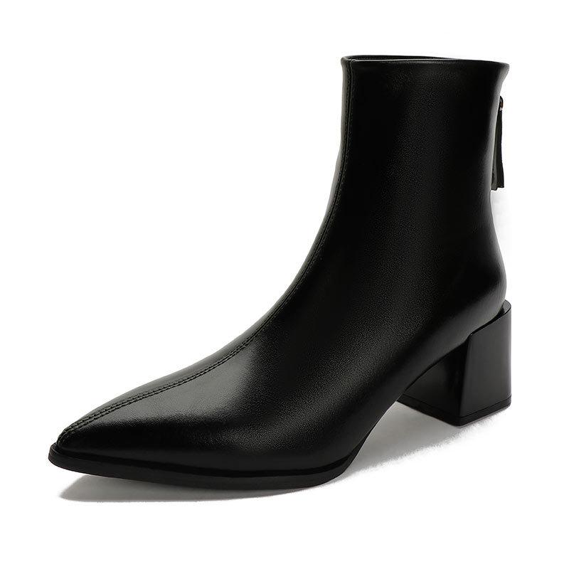 Coarse Heel Short Boots Women's Medium Heel Soft Leather Rear Zipper Medium Tube Fashion Boots 2025 New Women's Boots Pointed Thin Boots