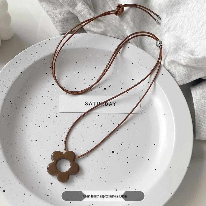 High-End Rose Flower Titanium Steel Necklace - Long Sweater Chain for Spring and Autumn