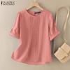 ZANZEA Damen Sommer Rundhals Kurzarm Freizeitbluse