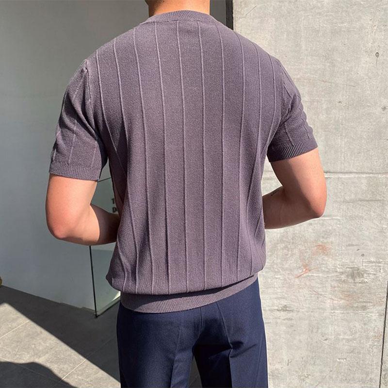Korean Business Casual Summer New Round Neck Knit T-shirt Youth Men's Solid Jacquard Stripe Screw Thread Short Sleeve Thin Top