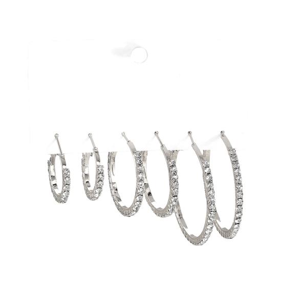 3 Pairs Women Earrings Ear-Pin Closure Stable Wearing Structure Multi-Size Hoop Earrings with Rhinestones Inlaid Jewelry Gift