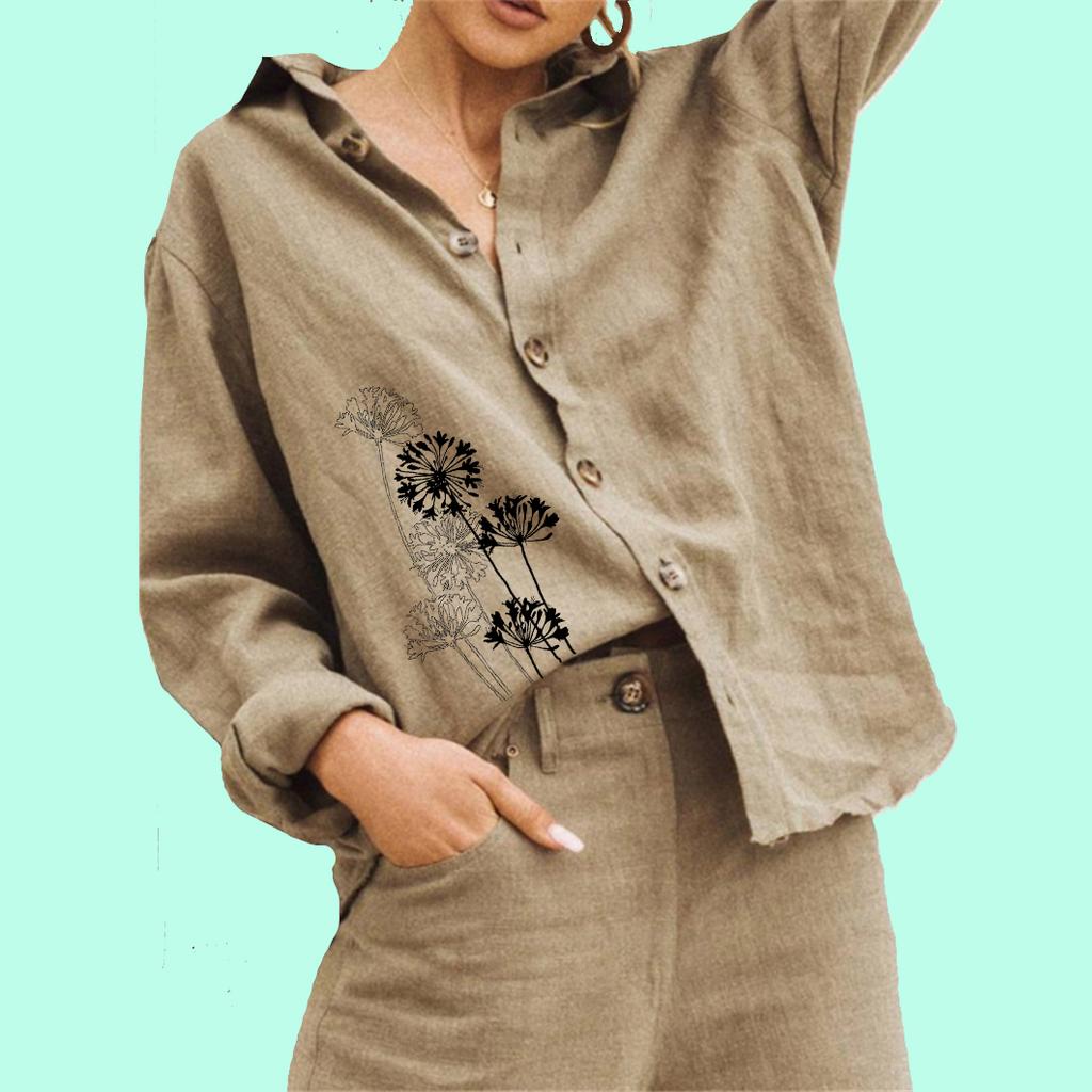 Women Fashion Cotton Linen Blouse Ladies Floral Print Top Casual Buttoned Long Sleeved Shirt