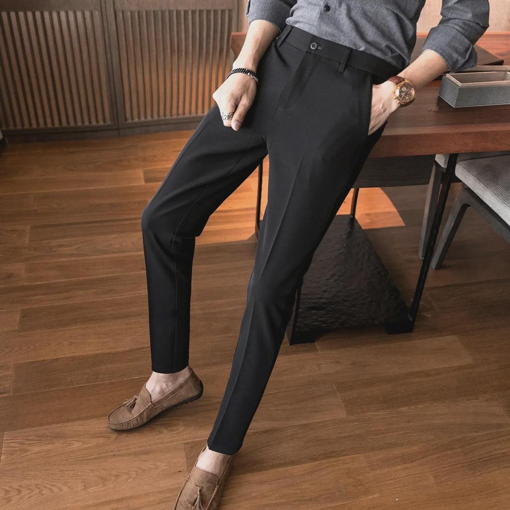 "Four Seasons Men's Slim Korean Black Elastic Casual Pants - Trendy Youth Style K902"