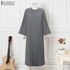 ZANZEA Women Casual Round Neck Loose Long Sleeve Pleated Dress