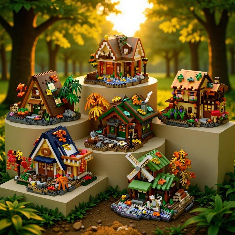 Forest Log Cabin & Windmill Treehouse Building Set - Compatible with LEGO, Educational Blocks for Kids