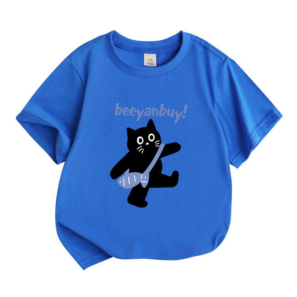 Kids Boys Girls 100% Cotton Crew Neck Short Sleeve T-Shirt, Casual Cute Black Cat Carrying Fish Bag Printed Soft Comfortable Tee Top for Daily Outdoor