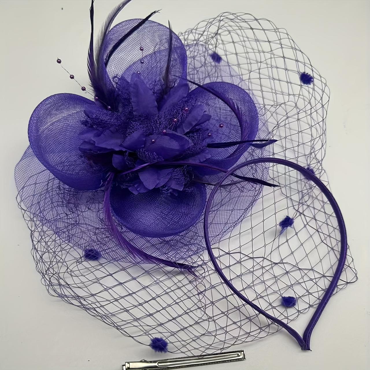 

Вінтажний капелюшок-пілбокс з тюлевою вуаллю - Еластична стрічка Весільний та для чаювання головний убір для жінок Ручна робота Декор стрічками фіолетовий