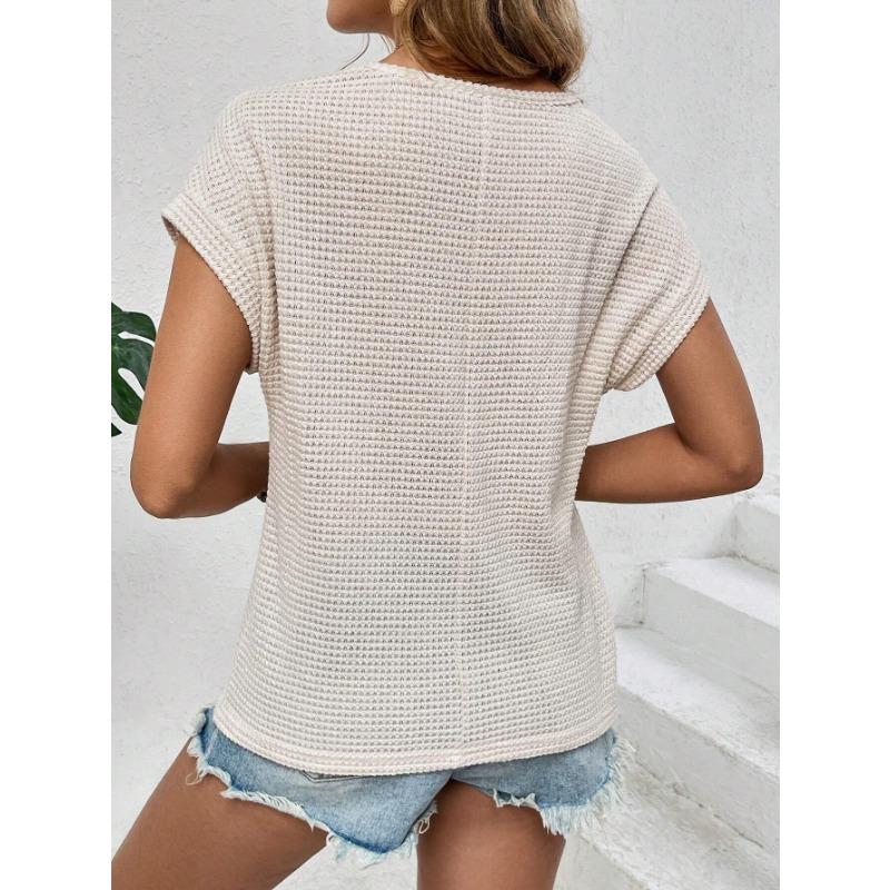 VEZFAA Women's Fashion Casual Summer Spring Solid Color Print Short Sleeve O-Neck Blouses & Shirts