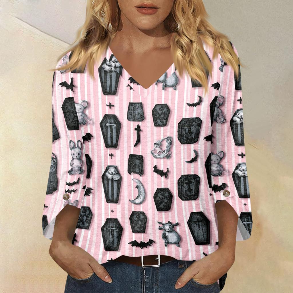 Womens Halloween Print V Neck Three Quarter Sleeve Casual Top Lightweight Loose Fit Pullover Blouse for Autumn and Spring