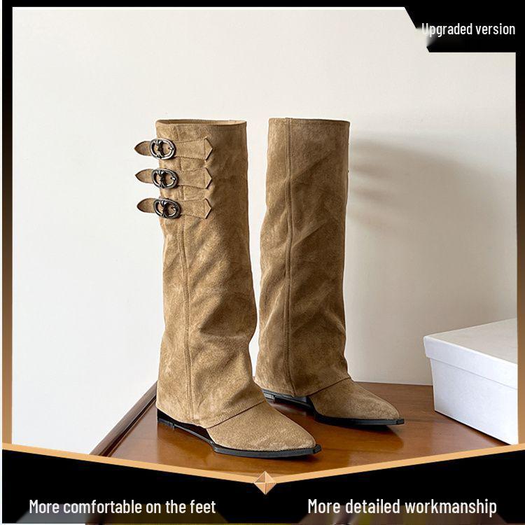 French Pointed Toe Thigh-High Wedge Heel Boots - Women's Elevated Pant Boots for Autumn/Winter Fashion, Over-the-Knee Wasteland Style.