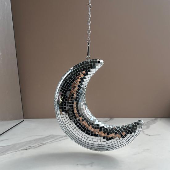 Disco Ball Eye-Catching Moon Shaped Disco Bal Reflective Hanging Ornament with Chain Hook Party Decor