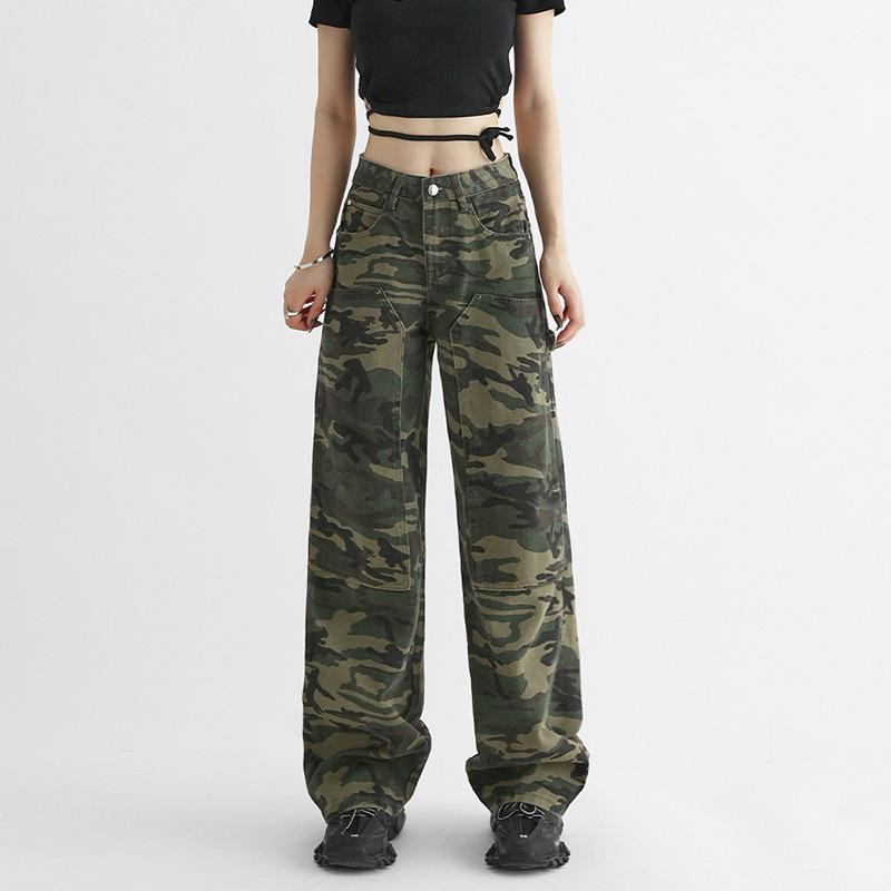 Niche Camouflage Straight Jeans for Women In Autumn and Winter New High-waist Design Loose Wide-leg Pants