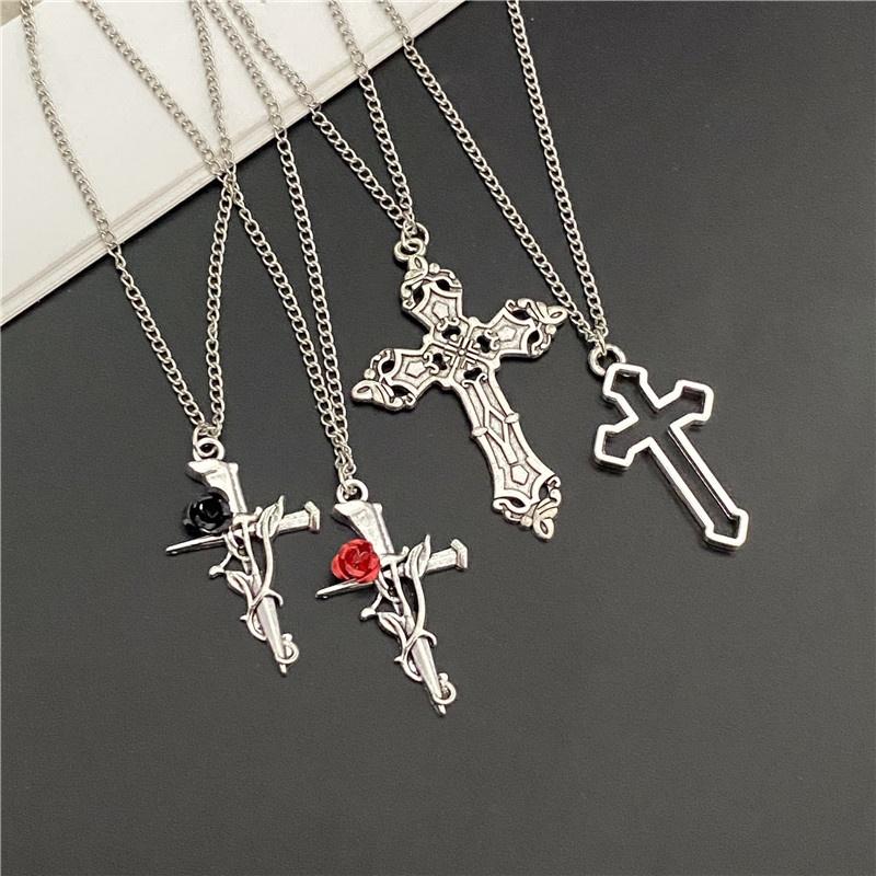 Punkl Big Cross Pendant Necklaces for Women Men Gothic Irregular Cross Clavicle Chain Necklaces Aesthetic Zircon