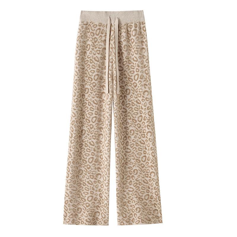 Coffee Leopard Print Knitted Wide Leg Pants Women Mink Fleece Warm Winter Double-sided Fleece Winter Pants Lazy Hanging Feeling