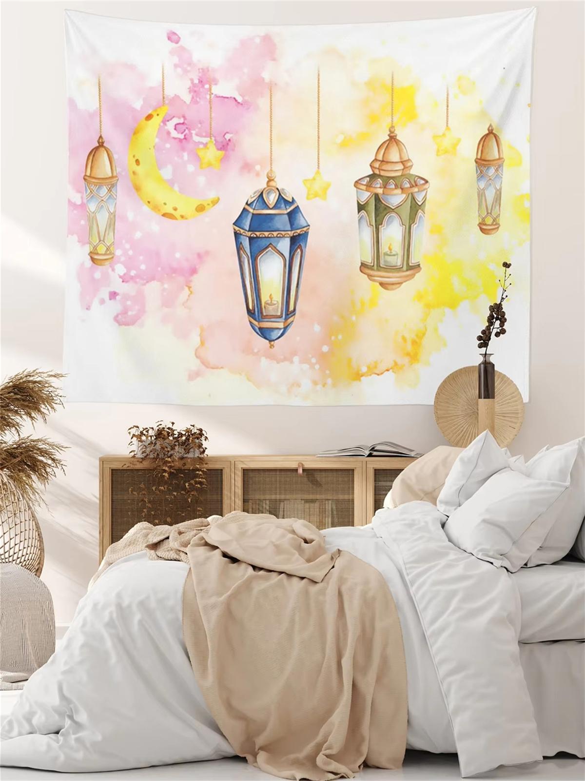 

Watercolor Lantern Moon Tapestry 2D Flat Print Soft IslamicThemed Home Decor Bedroom Wall Hanging Stylish Functional Delicate 74x94cm(29x37in)