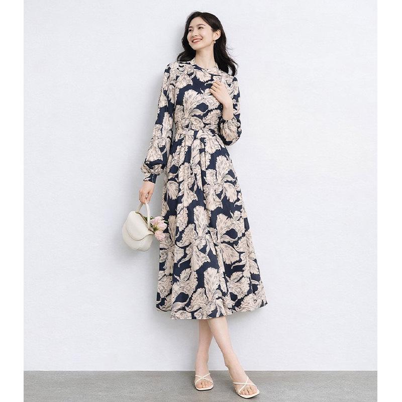2026 Spring French Slimming Waist-Cinched Long Sleeve Printed Dress S