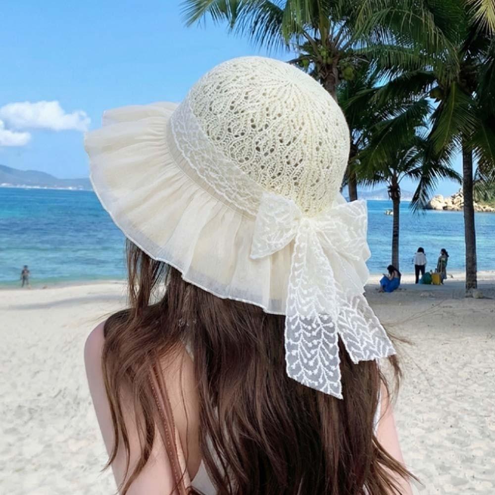 with Lace Bow Wide Brimmed Straw Hat Lightweight Woven Sun Cap Vacation Beach Cap  Indoor / Outdoor
