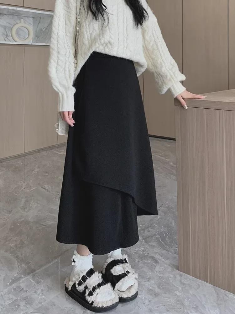 Dámská černá asymetrická A-liniová sukně s vysokým pasem ve větších velikostech