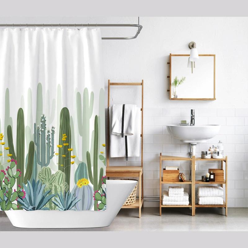 Green and white cactus watercolor waterproof bathroom shower curtain  with 12 hooks  72x72 inches