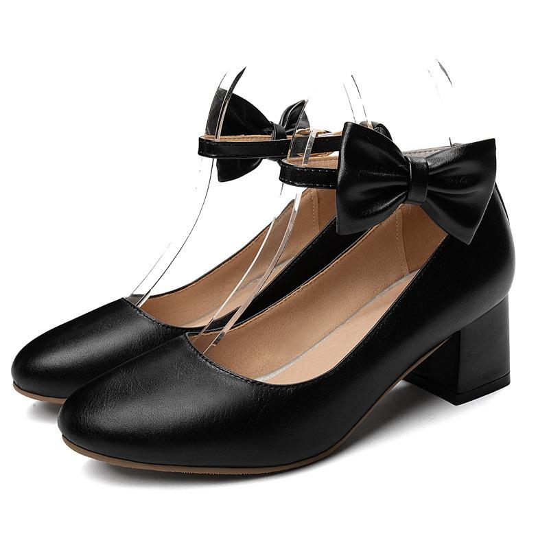 New Thick Heel, Middle Heel Buckle with Bow, Light Mouth Single Shoes, Women's Large Size Shoes.