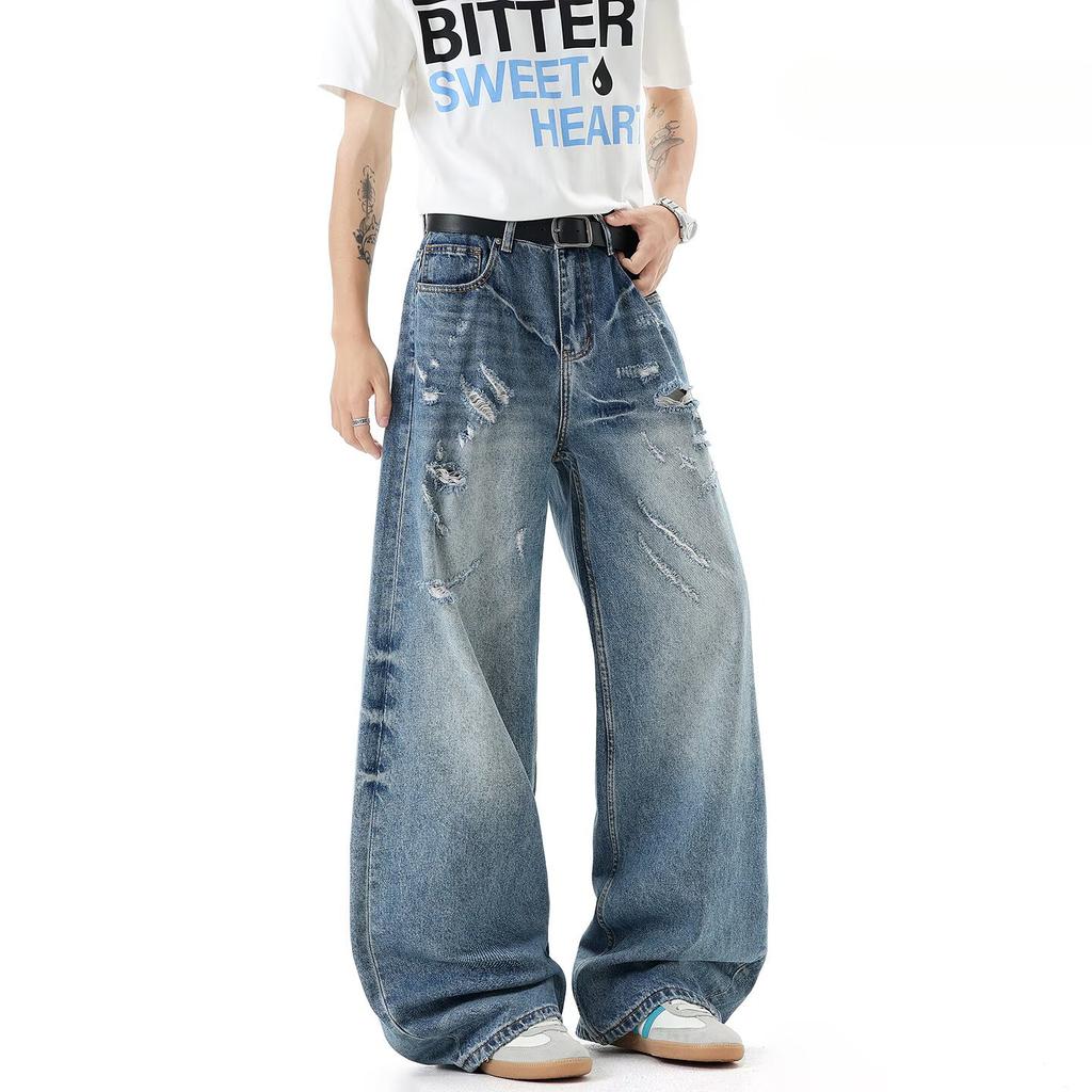 Burst Jeans Men's and Women's New Straight Loose Scimitar Wide Legs American High Street Trend Versatile Pants