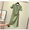 Women's O Neck Short Sleeve Solid Drawstring Waist Loose Fit Elegant Casual Midi A-Line T Shirt Dress