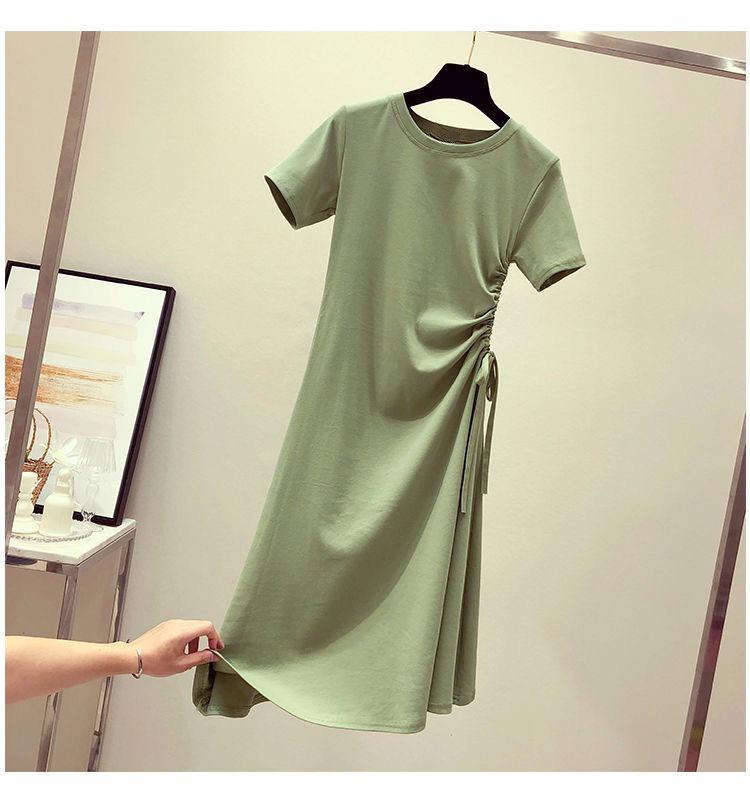 Women's O Neck Short Sleeve Solid Drawstring Waist Loose Fit Elegant Casual Midi A-Line T Shirt Dress