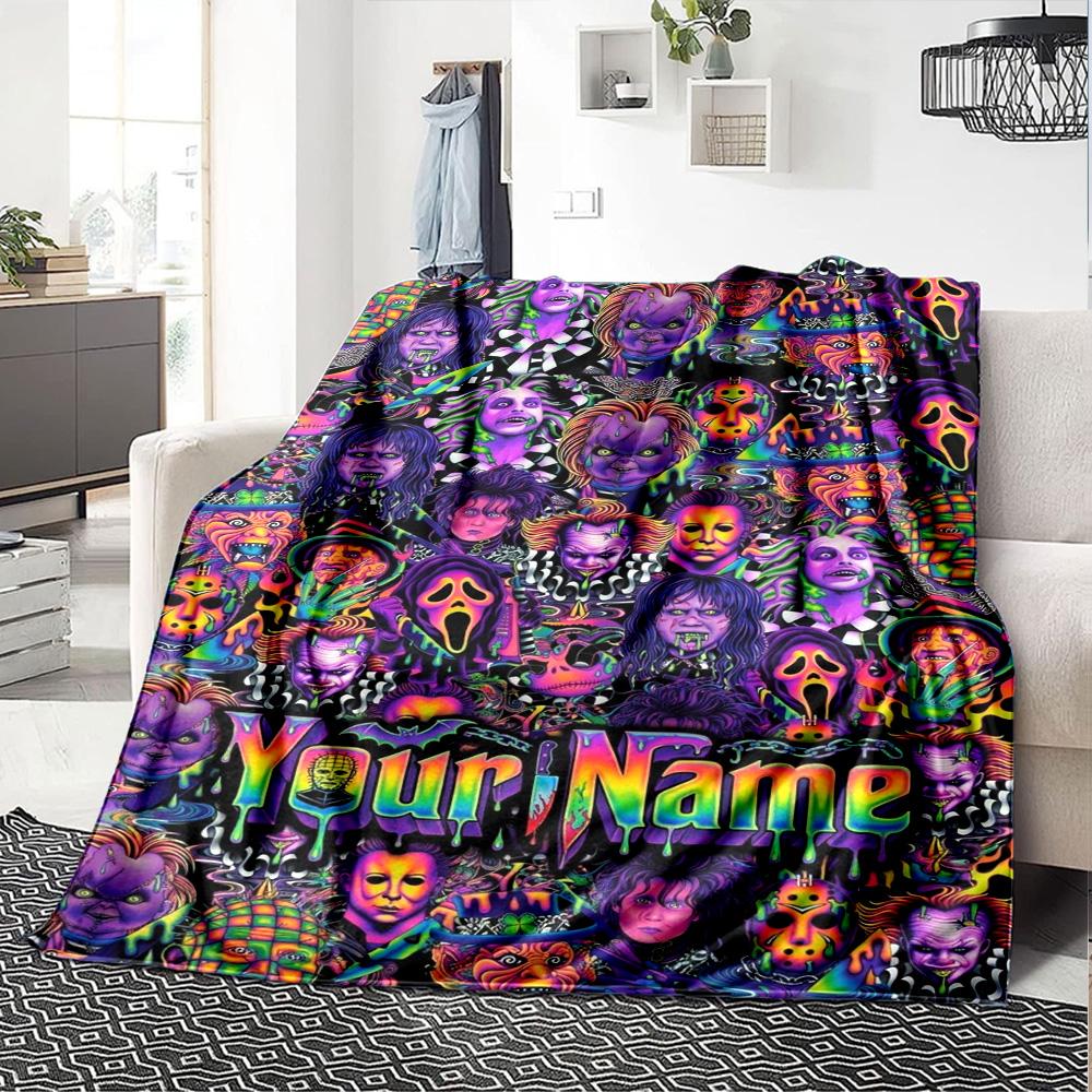Name Custom Horror Movies Print Flannel Blanket High Quality Warm Comfortable Cover for All Seasons Perfect for Gifts Home Decor