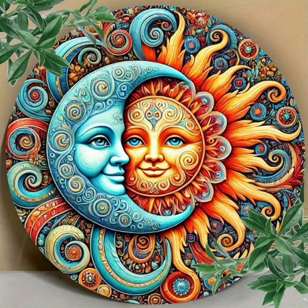 Vibrant Blue Gold Sun Moon Metal Wall Art Celestial Wood Decor