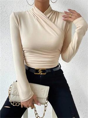 Damen Langarmshirts Herbst Mode Lässig Überkreuzter Rundhalsausschnitt Schlanke T-Shirts Schicke Enge Langarmshirts zum Pendeln