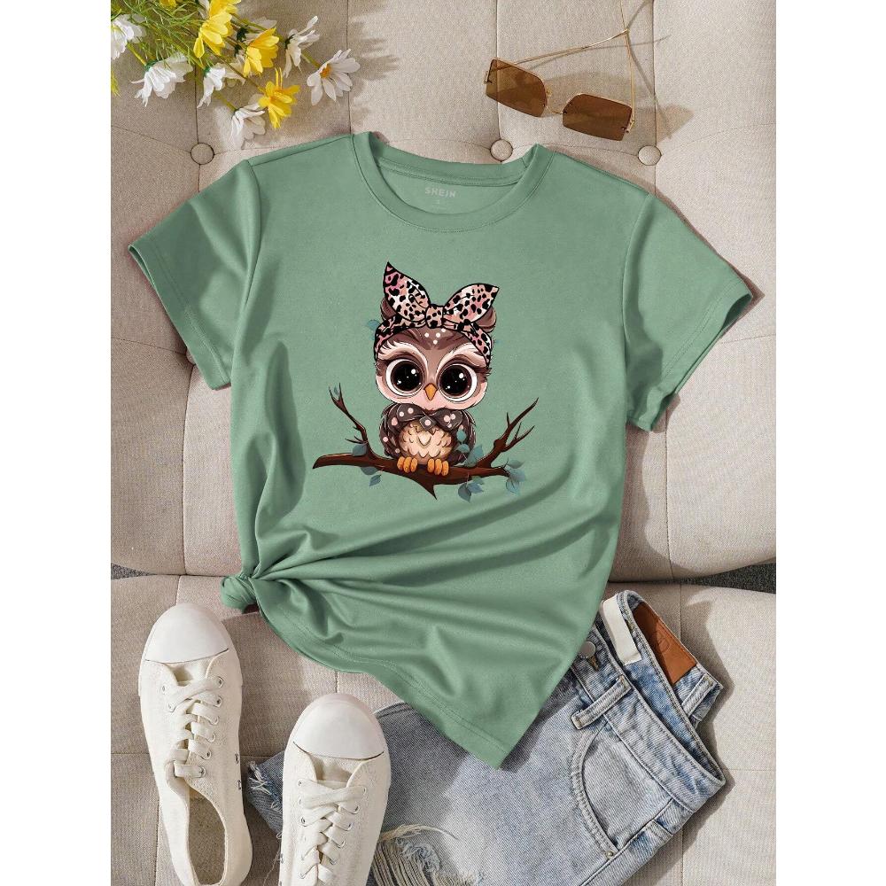 Women's Summer Cartoon Owl Printed Round Neck Short Sleeve Casual T-Shirt