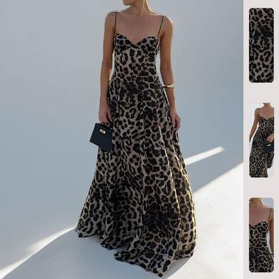  Elegant Sexy Leopard Print Halter Dress Long Women's Fashion Spring Cross-Border Women's Clothing Commute Style V-Neck 