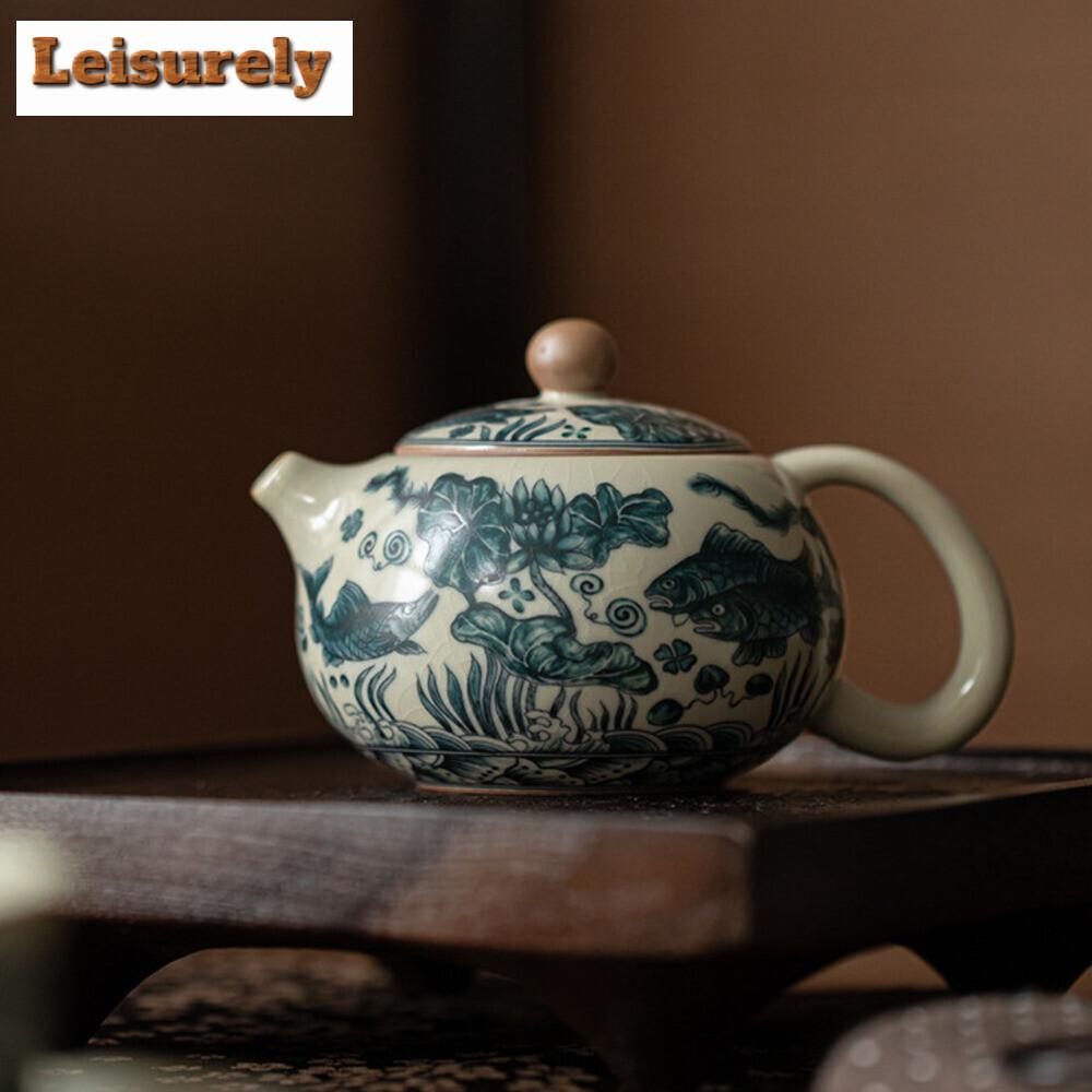 111ml Ancient Fish Algae Pattern Xishi Teapot Imitation Song Ru Kiln Ball Hole Infusions Pot Tea Brewing Kettle Cha Collection