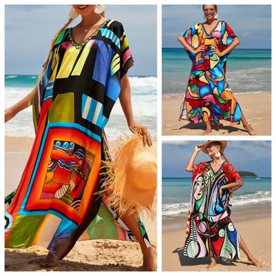 Kaftan Beach Dress Rayon Women Boho Colorful Printed Plus Size Maxi Summer Bathing Suit Cover Up