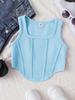 Girls' Summer Fishbone Waist-Cinched Cropped Top, Square Neck Slim Sleeveless Vest