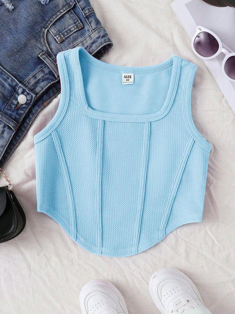 Girls' Summer Fishbone Waist-Cinched Cropped Top, Square Neck Slim Sleeveless Vest