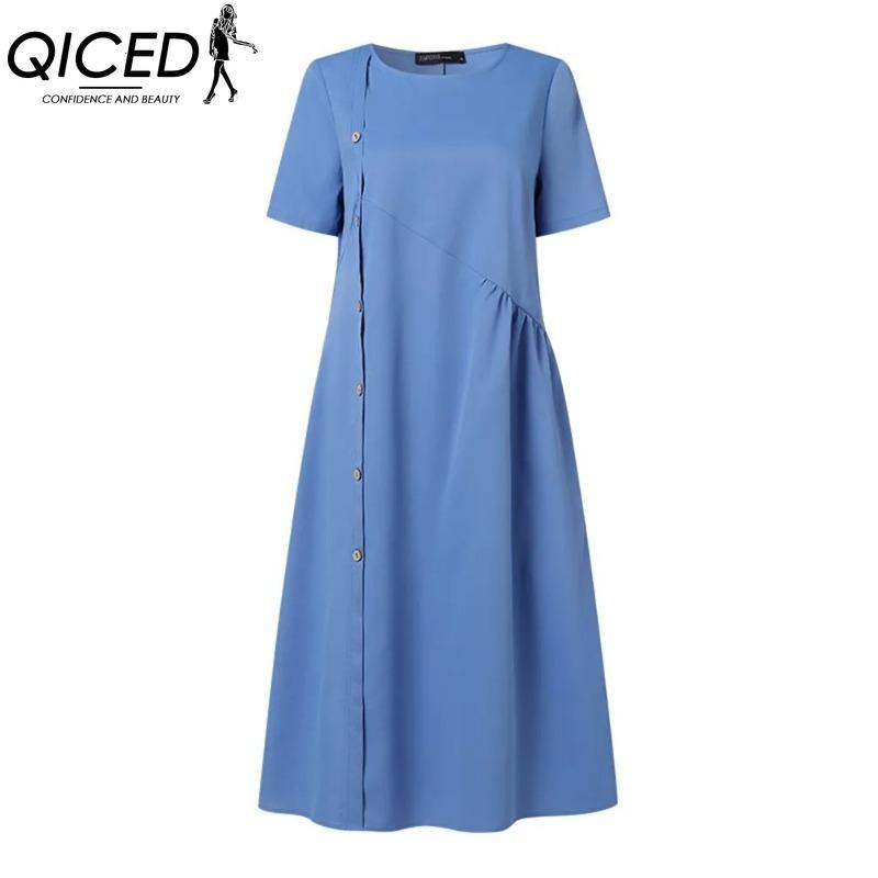 QICED Women's Fashion Summer Spring Solid Color Print Short Sleeve O-Neck High Waist Casual Dresses