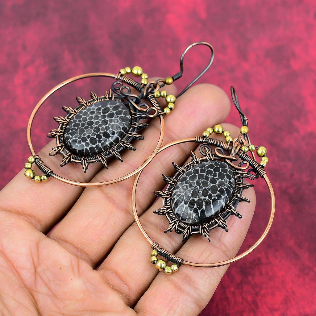 Stingray Coral Earring Copper Wire Wrapped Earring Genuine Gemstone Jewelry Handmade Brand New Earring Copper Wire Jewelry Gifts for Mother