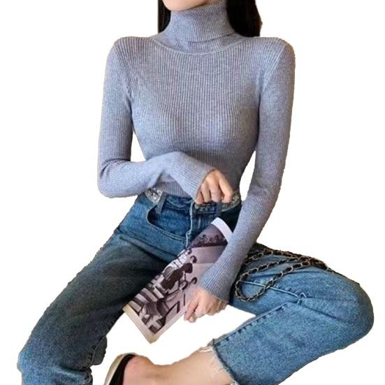 Women Sweater Turtleneck Long Sleeve Slim Fit Knitting Tops Solid Color Soft Elastic Fabric