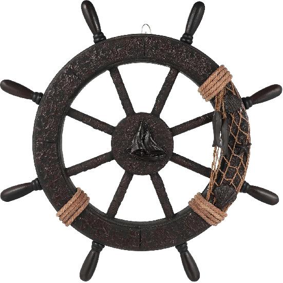 Nautical Wheel Decor Rustic Boat Steering Wheel Fishing Net Wall Sculpture Rudder Hanging Ornament Mediterranean Style Nautical Captain Rudder for