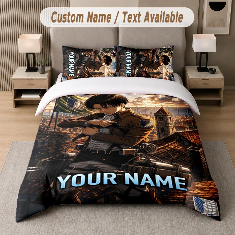 Attack On Titan 3Pcs Bedding Set, Personalized Custom Name Text, 1 Duvet Cover & 2 Pillowcases For Bedroom