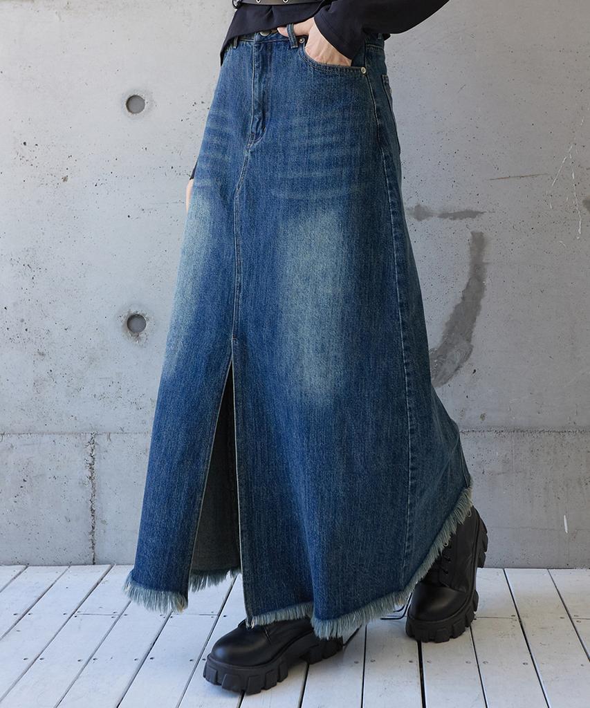 Lense Cutting Denim Long Skirt Blue