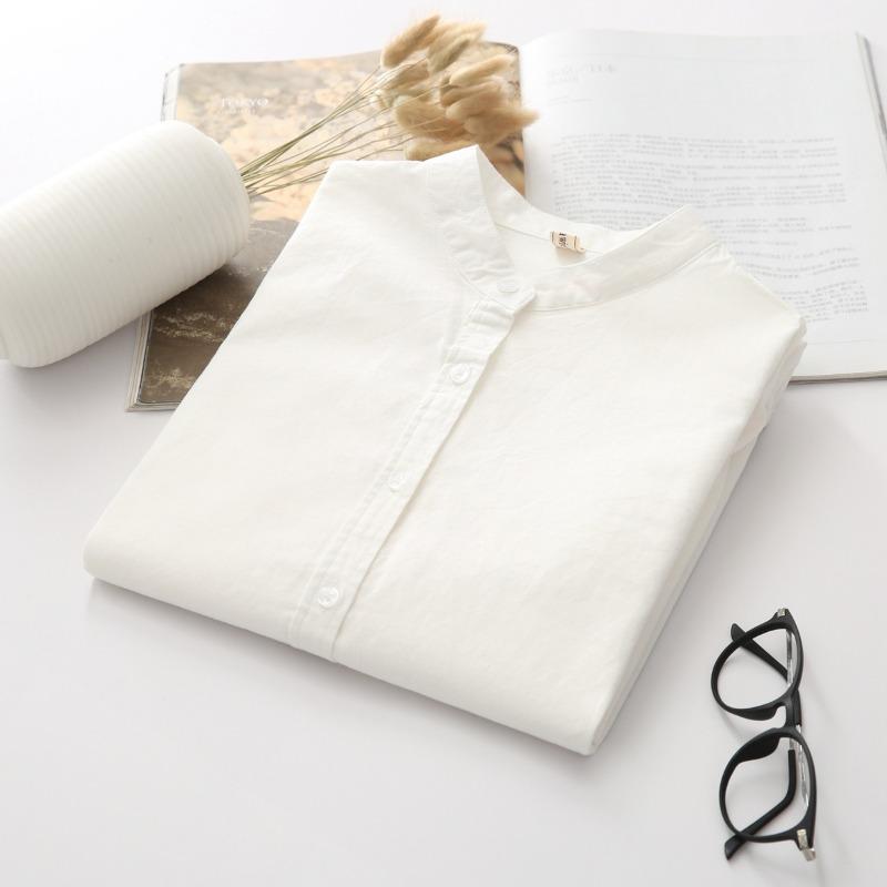 Cotton Linen Shirt Base Shirt Stand Collar White Shirt Women's Long Sleeved Shirt