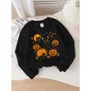 European sizes Girls' Long-Sleeve Crewneck Sweatshirt "Black Cats Pumpkins" Printed Top, Casual for Celebrations & Everyday Wear