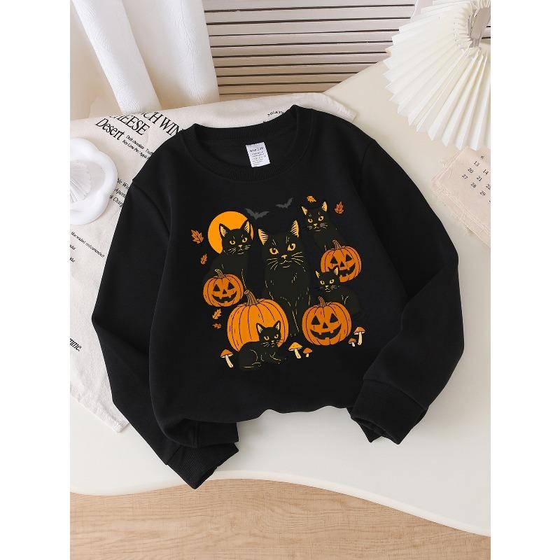 European sizes Girls' Long-Sleeve Crewneck Sweatshirt "Black Cats Pumpkins" Printed Top, Casual for Celebrations & Everyday Wear