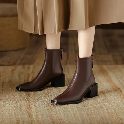 Fashion New Spring Split Leather Western Boots Square Toe Chunky Heel Boots for Women Winter Short Boots Concise Women Boot High Heels